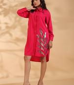 Red embroidered blended cotton tracy rose knee length short dress