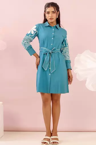 Blue printed cotton purna teal knee length short dress