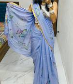 Blue printed cotton saree with blouse piece