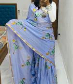 Blue printed cotton saree with blouse piece
