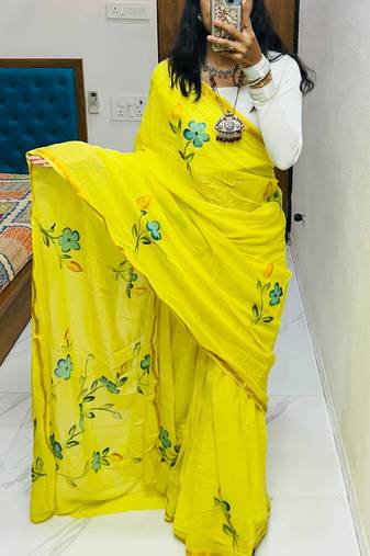 Lemon printed cotton saree with blouse piece