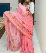 Pink printed cotton saree with blouse piece