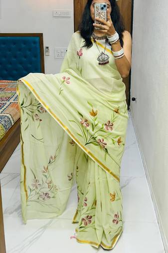 Light green printed cotton saree with blouse piece