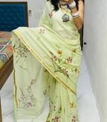 Light green printed cotton saree with blouse piece