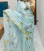 Turquoise printed cotton saree with blouse piece