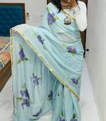 Turquoise printed cotton saree with blouse piece