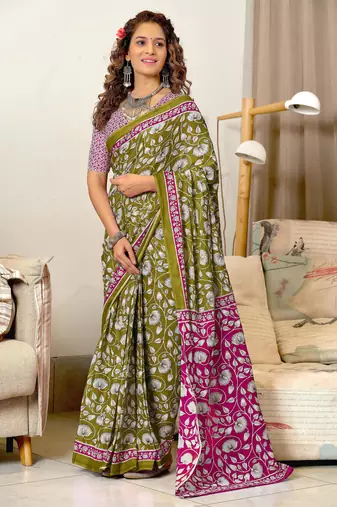 Mehendi printed cotton saree with blouse piece