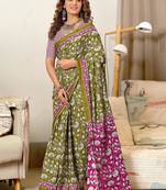 Mehendi printed cotton saree with blouse piece
