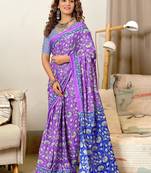 Purple printed cotton saree with blouse piece