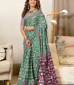 Green printed cotton saree with blouse piece