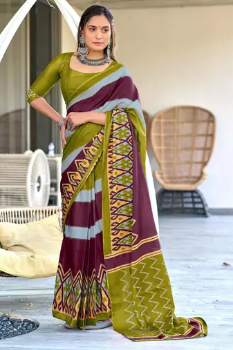 Mehendi printed cotton saree with blouse piece