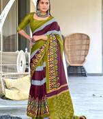 Mehendi printed cotton saree with blouse piece