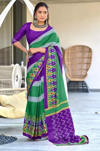 Purple printed cotton saree with blouse piece