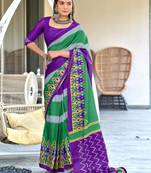 Purple printed cotton saree with blouse piece