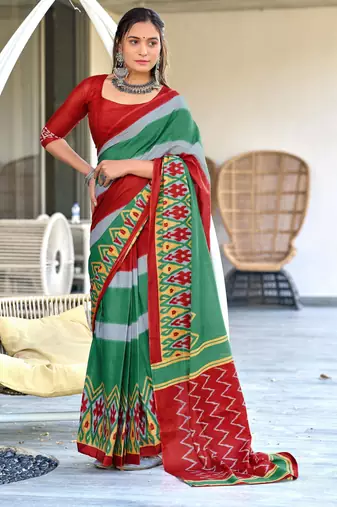 Red printed cotton saree with blouse piece