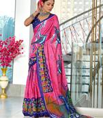 Pink printed cotton saree with blouse piece