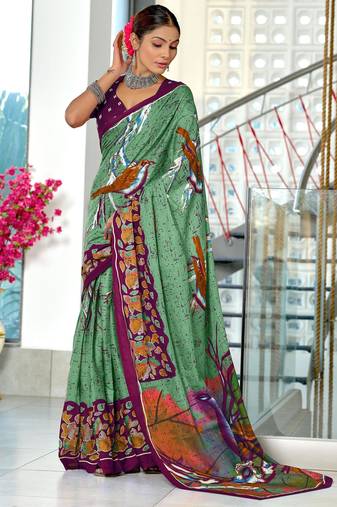 Green printed cotton saree with blouse piece