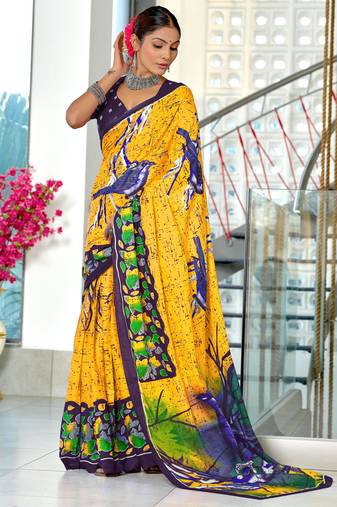 Yellow printed cotton saree with blouse piece