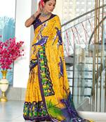 Yellow printed cotton saree with blouse piece