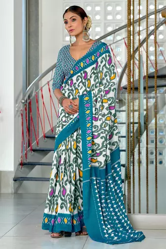 Turquoise printed cotton saree with blouse piece