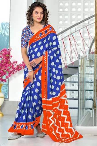 Blue printed cotton saree with blouse piece