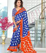 Blue printed cotton saree with blouse piece