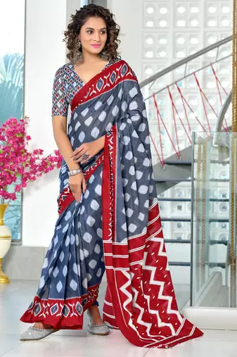 Grey printed cotton saree with blouse piece