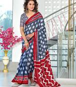 Grey printed cotton saree with blouse piece
