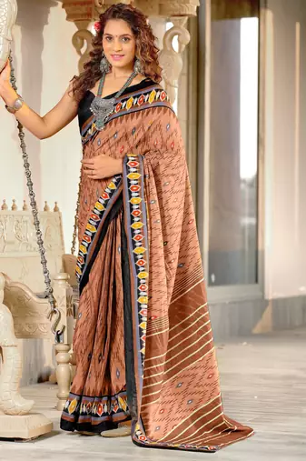 Beige printed cotton saree with blouse piece