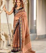 Beige printed cotton saree with blouse piece
