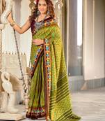 Green printed cotton saree with blouse piece