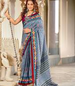 Grey printed cotton saree with blouse piece