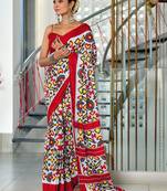 Red printed cotton saree with blouse piece