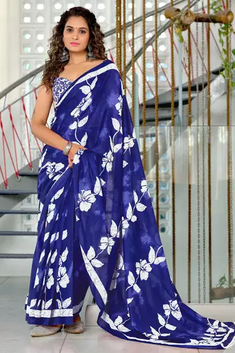Blue printed cotton saree with blouse piece