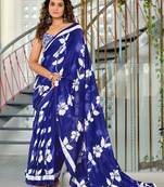 Blue printed cotton saree with blouse piece