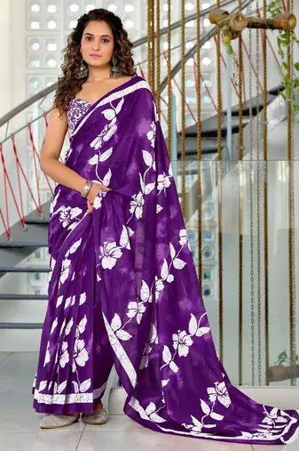 Purple printed cotton saree with blouse piece