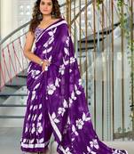 Purple printed cotton saree with blouse piece