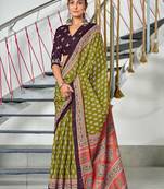 Green printed cotton saree with blouse piece