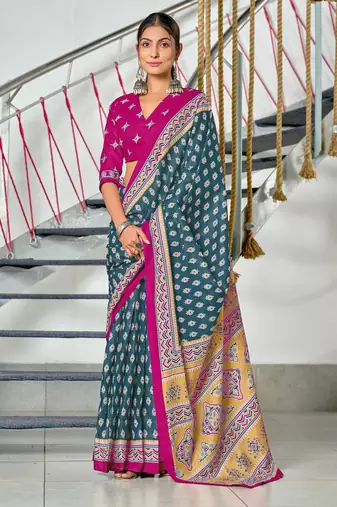 Turquoise printed cotton saree with blouse piece