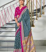 Turquoise printed cotton saree with blouse piece