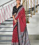 Red printed cotton saree with blouse piece