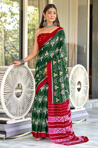 Green printed cotton saree with blouse piece