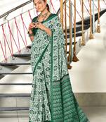 Green printed cotton saree with blouse piece