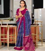 Blue printed cotton saree with blouse piece