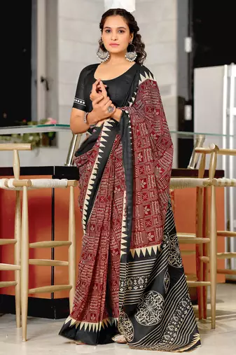 Red printed cotton saree with blouse piece