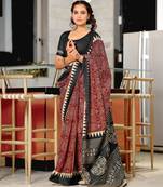 Red printed cotton saree with blouse piece