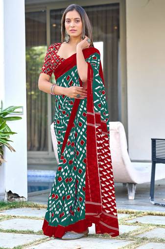 Green printed cotton saree with blouse piece