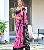 Pink printed cotton saree with blouse piece