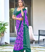 Purple printed cotton saree with blouse piece