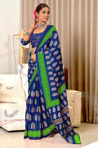 Blue printed cotton saree with blouse piece